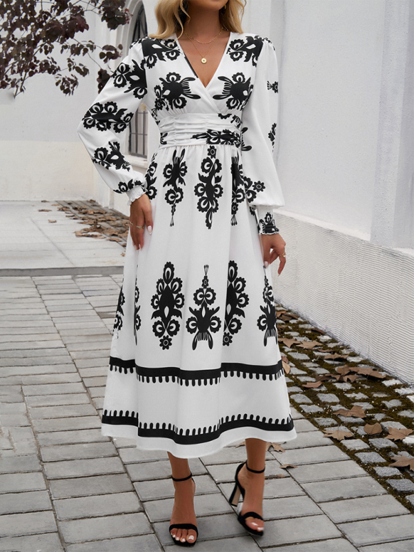 Robe Midi À Imprimé Noir Et Blanc Avec Manches Bouffantes Pour Femme | Idéal Pour Sorties Décontractées