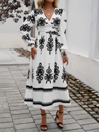 Robe Midi À Imprimé Noir Et Blanc Avec Manches Bouffantes Pour Femme | Idéal Pour Sorties Décontractées