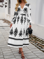 Robe Midi À Imprimé Noir Et Blanc Avec Manches Bouffantes Et Taille Cintrée Pour Femmes | Adaptée Aux Tenues Quotidiennes
