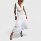 Robe Midi Sans Manches avec Encolure en V et Détails en Dentelle pour Femme | Idéale pour Événements et Occasions Spéciales