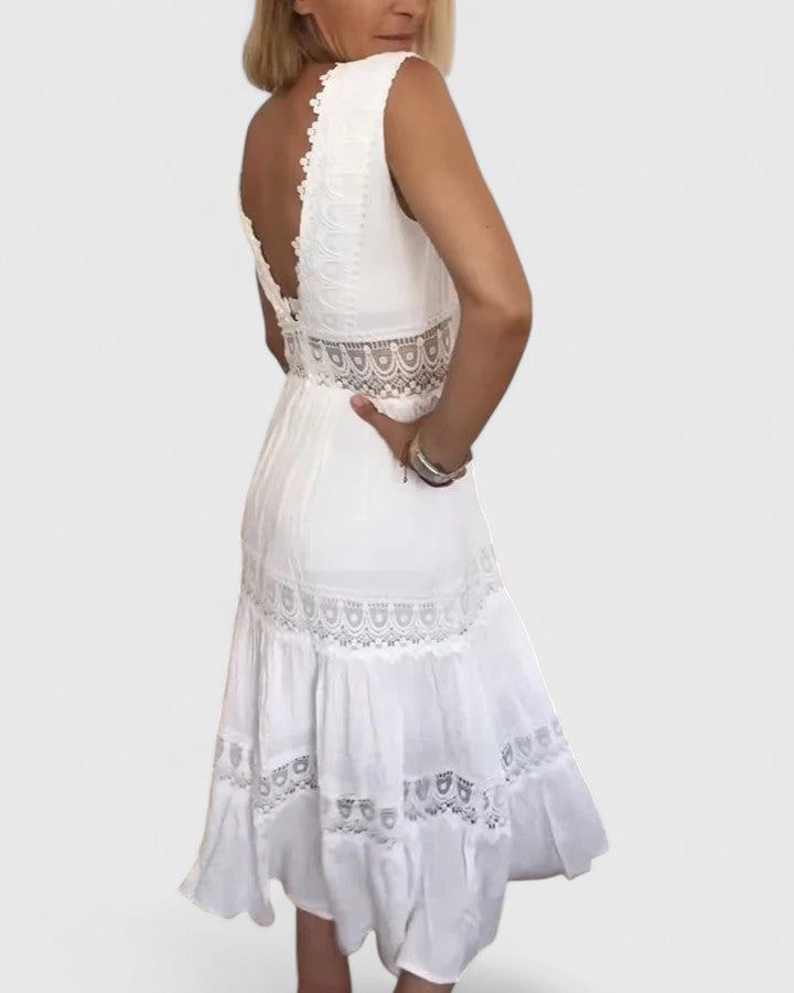 Robe Midi Sans Manches avec Encolure en V et Détails en Dentelle pour Femme | Idéale pour Événements et Occasions Spéciales