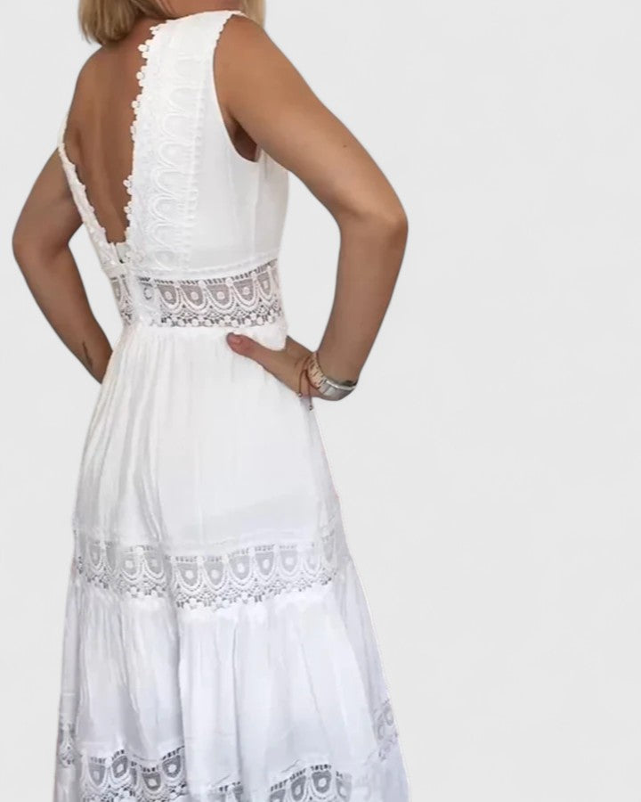 Robe Midi Sans Manches avec Encolure en V et Détails en Dentelle pour Femme | Idéale pour Événements et Occasions Spéciales