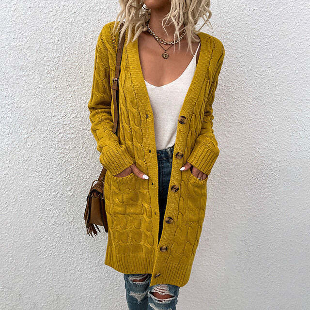 Gilet Long à Maille Torsadée Avec Boutons Pour Femme | Idéal Pour la Saison Hivernale