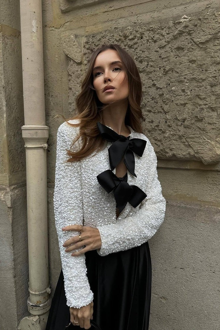 Haut À Sequins Avec Nœuds Décoratifs Et Manches Longues Pour Femmes | Idéal Pour Occasions Spéciales
