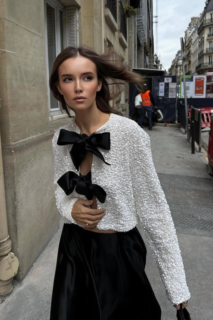 Haut À Sequins Avec Nœuds Décoratifs Et Manches Longues Pour Femmes | Idéal Pour Occasions Spéciales