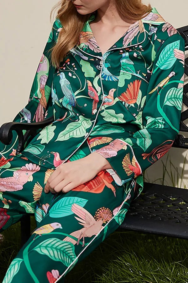 Pyjama Deux Pièces à Imprimé Tropical avec Col à Revers et Manches Longues pour Adulte | Idéal pour la Détente à la Maison