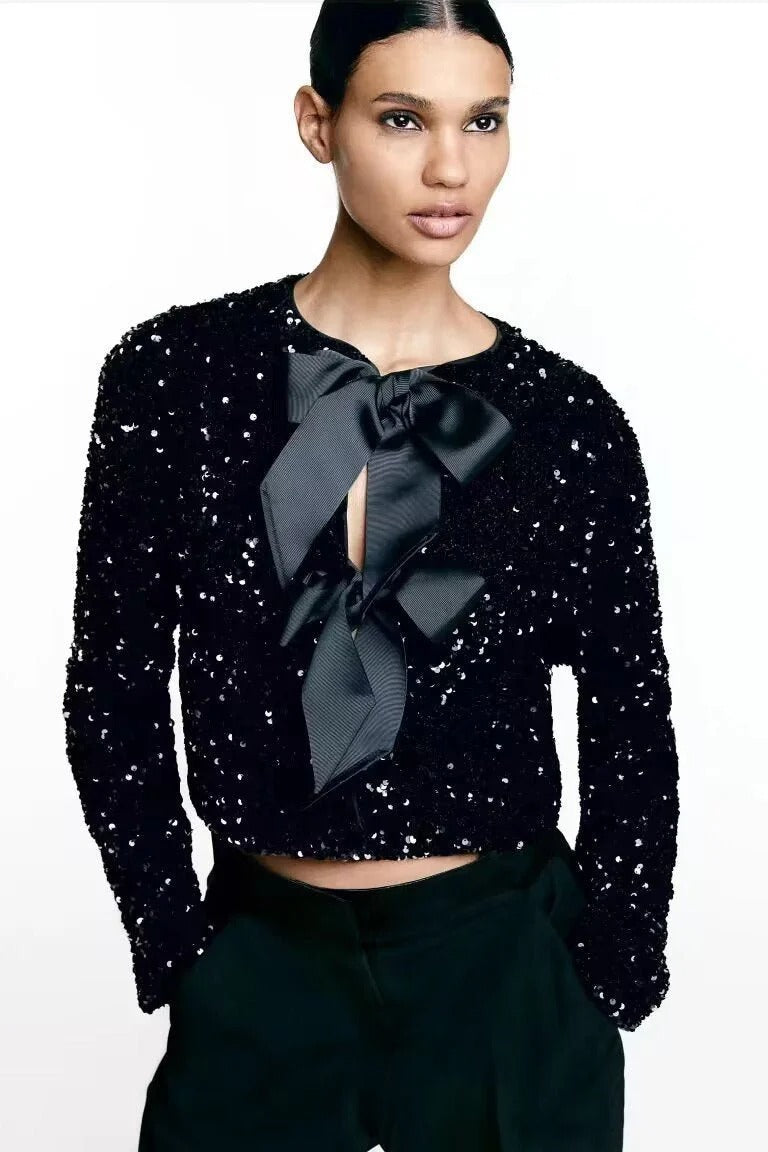 Haut À Sequins Avec Nœuds Décoratifs Et Manches Longues Pour Femmes | Idéal Pour Occasions Spéciales
