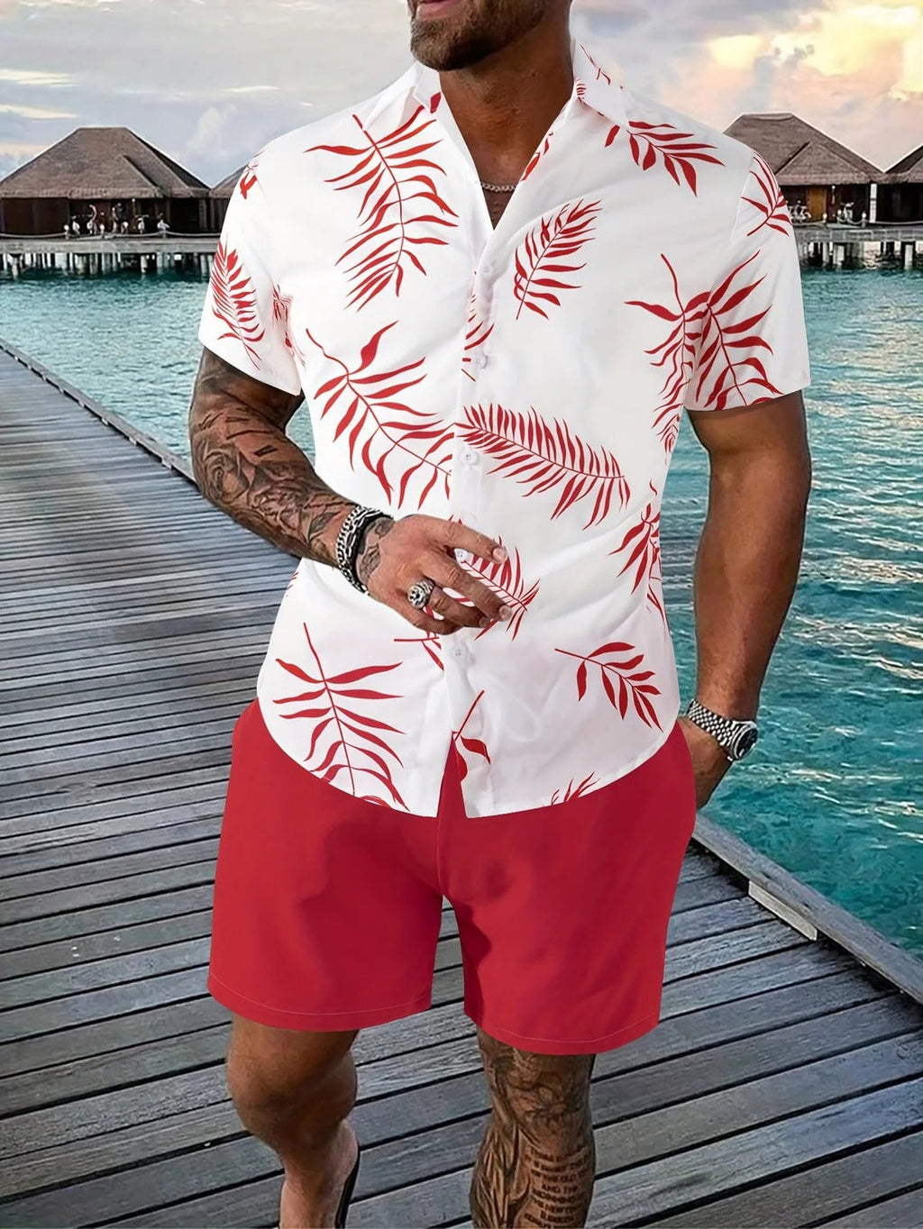 Ensemble Estival avec Chemise à Motif Feuilles et Short Beige Coordonné pour Homme | Idéal pour les Activités d’Été