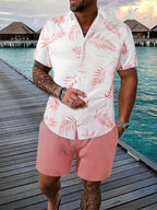 Ensemble Estival avec Chemise à Motif Feuilles et Short Beige Coordonné pour Homme | Idéal pour les Activités d’Été