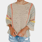 Pull Ample À Rayures Colorées Avec Manches Trois-Quarts Pour Femme | Idéal Pour La Superposition