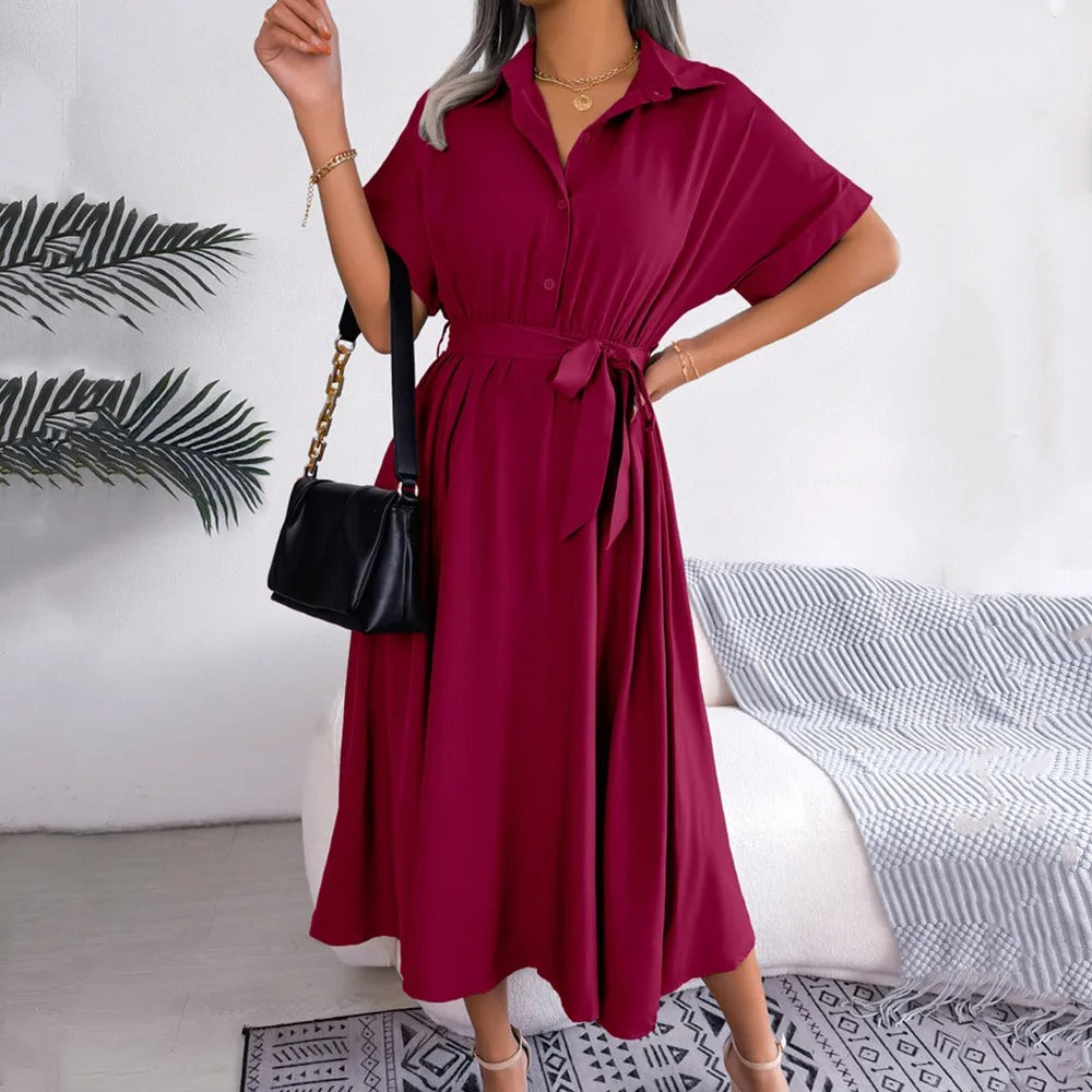 Robe Chemise Midi Avec Ceinture Nouée Et Manches Courtes Pour Femmes | Adaptée Aux Tenues Quotidiennes