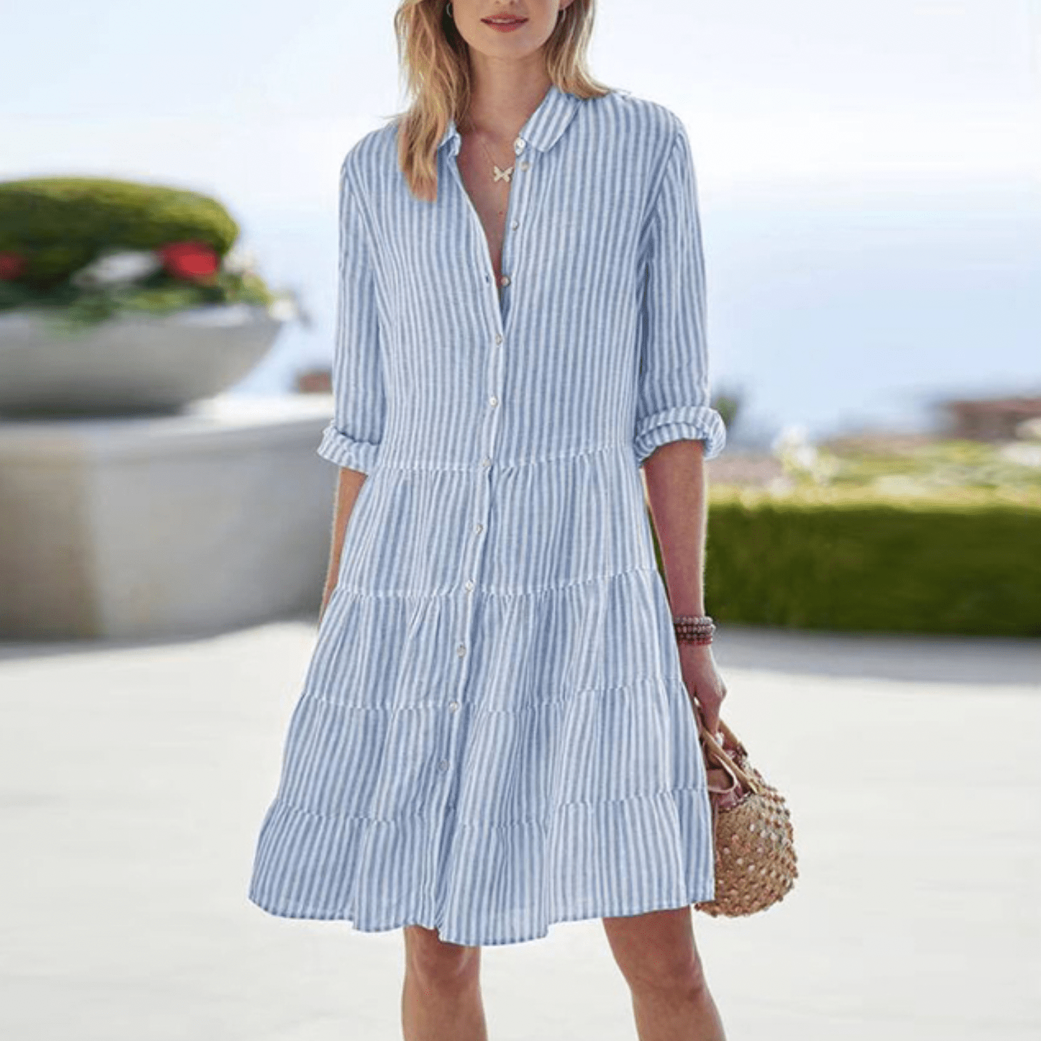 Robe Midi Rayée avec Boutonnage Frontal pour Femme | Idéale pour les Sorties Décontractées et les Journées d’Été