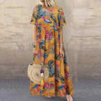 Robe Longue à Imprimé Fleuri avec Manches Courtes pour Femme | Idéale pour les Événements d’Été