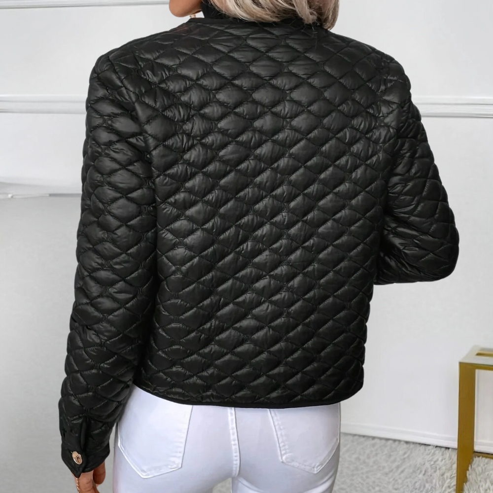 Veste Courte Matelassée Noire Avec Boutons Dorés Pour Femmes | Idéal Pour La Mi-Saison Et Les Tenues Quotidiennes