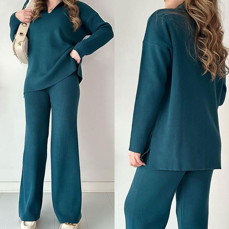 Ensemble Lounge Avec Texture Côtelée Et Pantalon À Jambe Large Pour Femmes | Idéal Pour Un Usage Quotidien