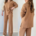 Ensemble Lounge Avec Texture Côtelée Et Pantalon À Jambe Large Pour Femmes | Idéal Pour Un Usage Quotidien