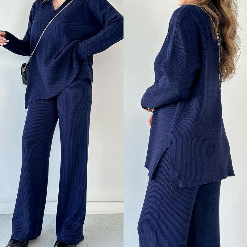 Ensemble Lounge Avec Texture Côtelée Et Pantalon À Jambe Large Pour Femmes | Idéal Pour Un Usage Quotidien