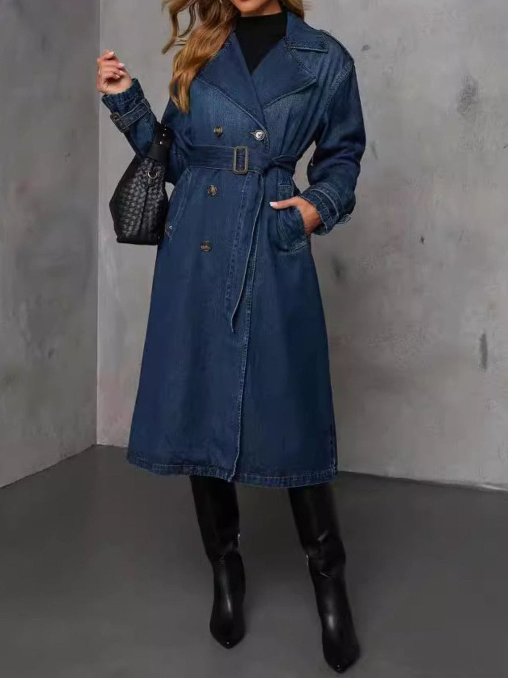 Trench Coat Long En Denim Avec Ceinture Intégrée Pour Femmes | Idéal Pour La Mi-Saison Et Les Tenues Quotidiennes