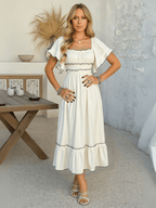 Robe Midi à Encolure Carrée avec Taille Froncée pour Femme | Idéale pour les Journées et Soirées d’Été