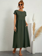 Robe Midi Ample À Manches Courtes Avec Poches Pour Femmes | Idéale Pour Les Journées D’été