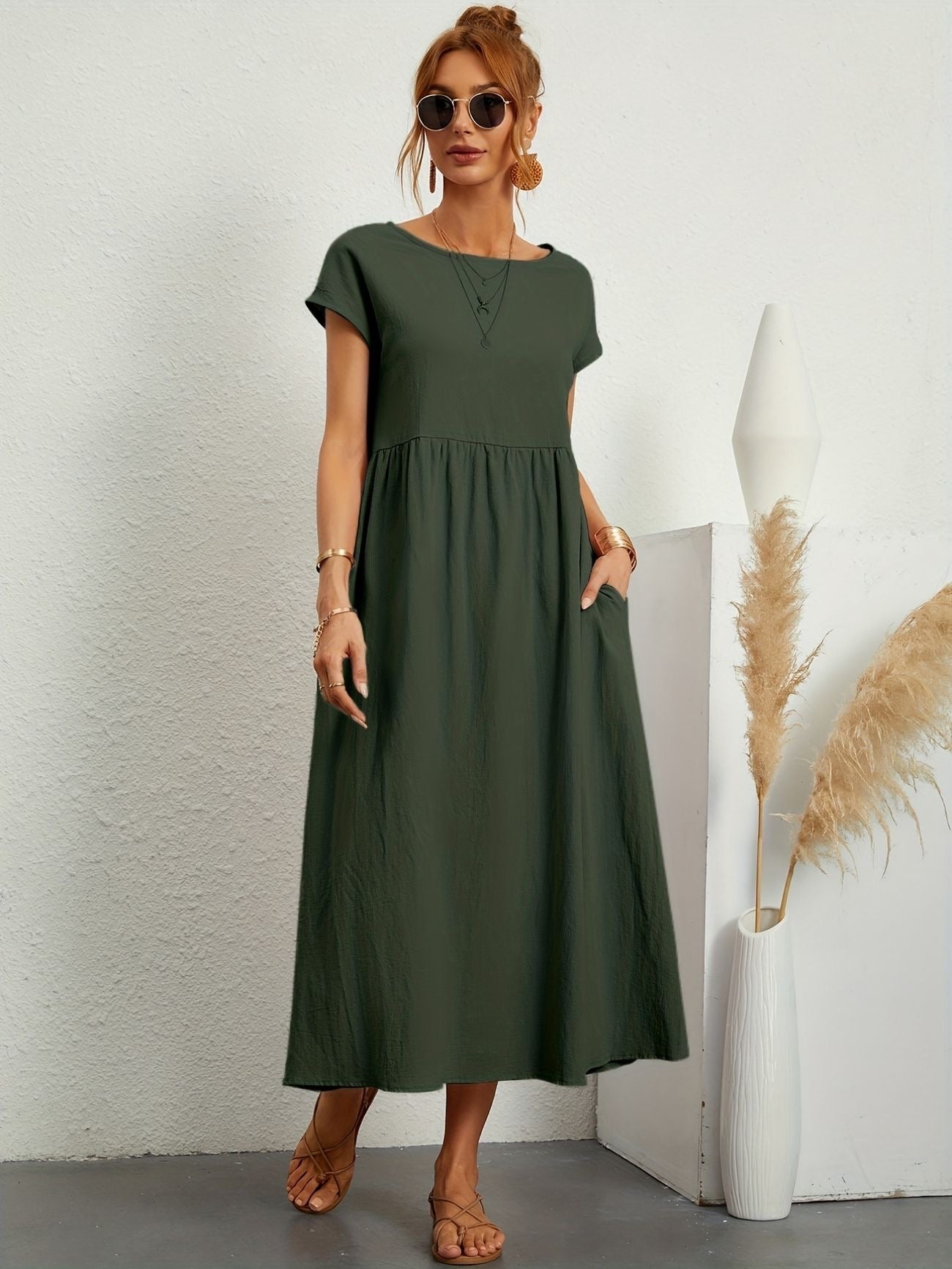 Robe Midi Ample À Manches Courtes Avec Poches Pour Femmes | Idéale Pour Les Journées D’été