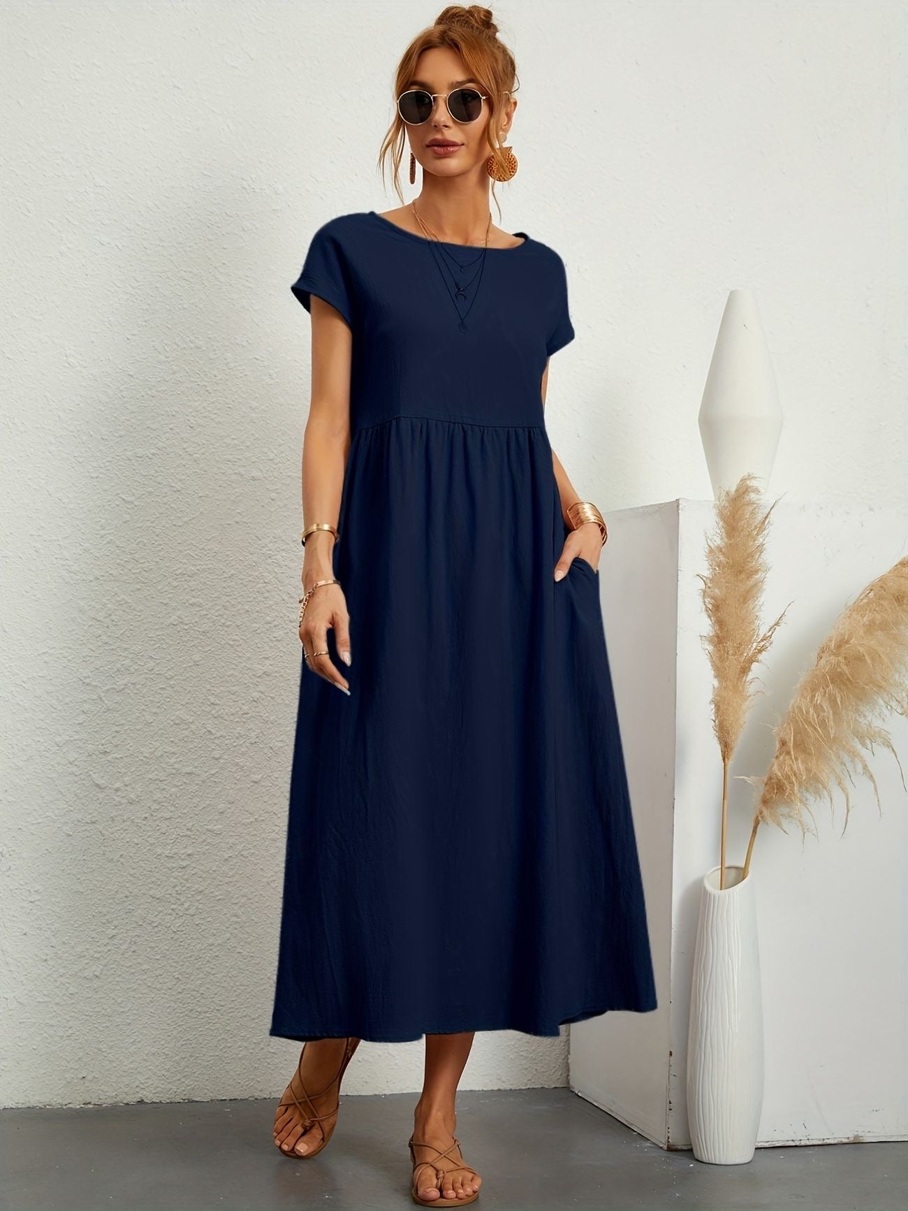 Robe Midi Ample À Manches Courtes Avec Poches Pour Femmes | Idéale Pour Les Journées D’été