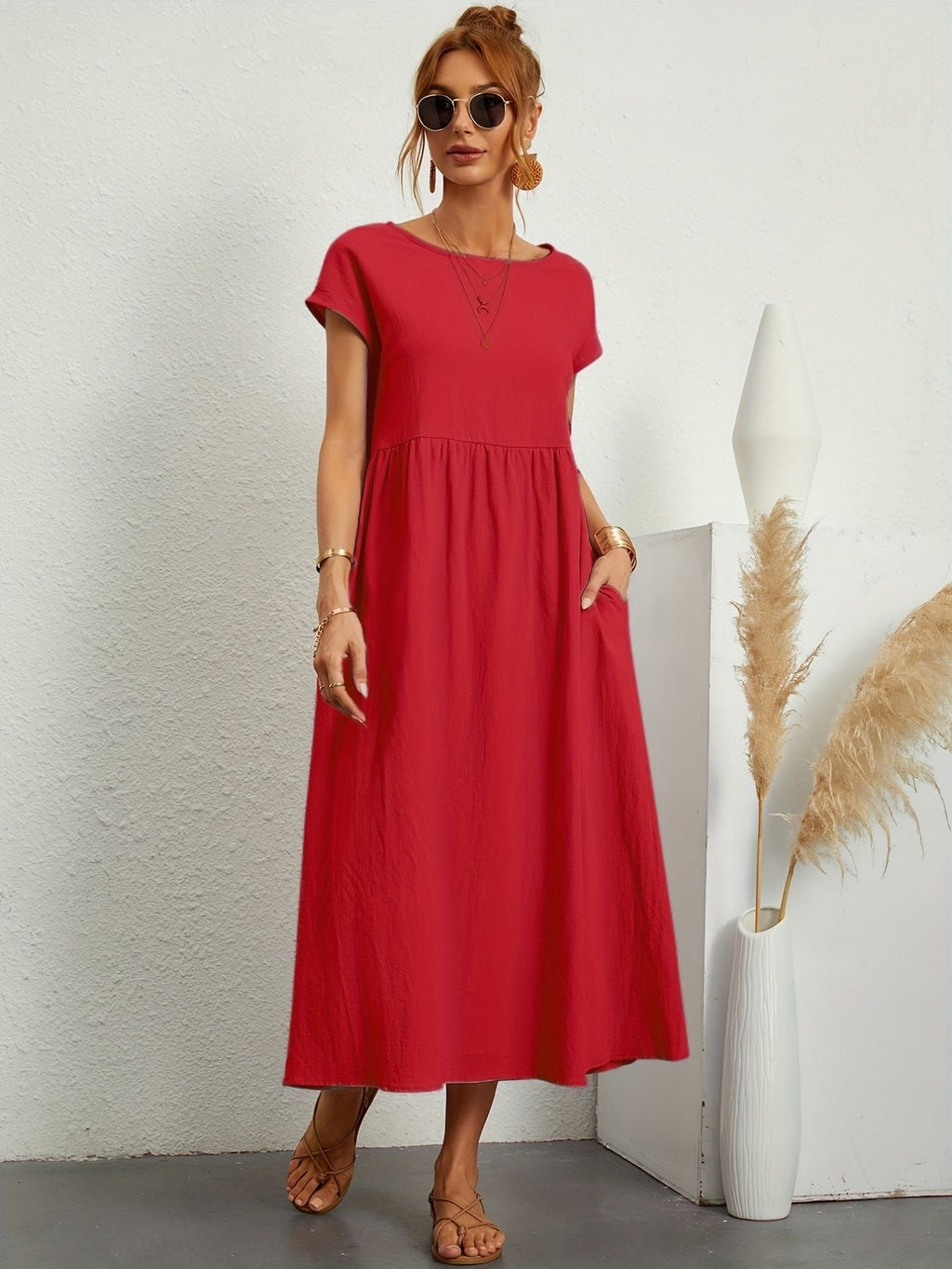 Robe Midi Ample À Manches Courtes Avec Poches Pour Femmes | Idéale Pour Les Journées D’été