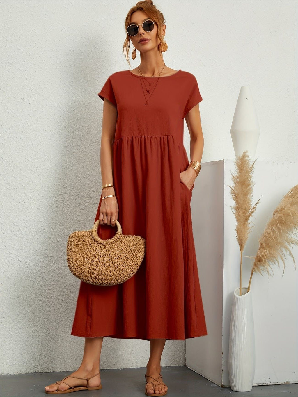 Robe Midi Ample À Manches Courtes Avec Poches Pour Femmes | Idéale Pour Les Journées D’été