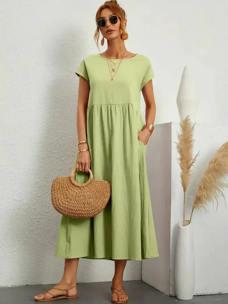 Robe Midi Ample À Manches Courtes Avec Poches Pour Femmes | Idéale Pour Les Journées D’été
