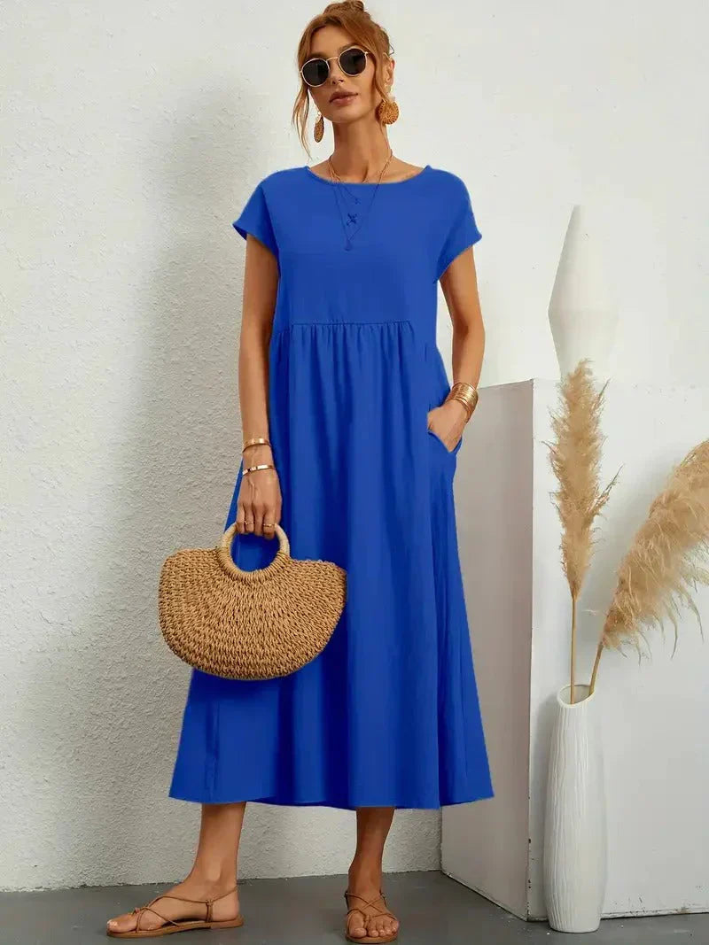 Robe Midi Ample À Manches Courtes Avec Poches Pour Femmes | Idéale Pour Les Journées D’été