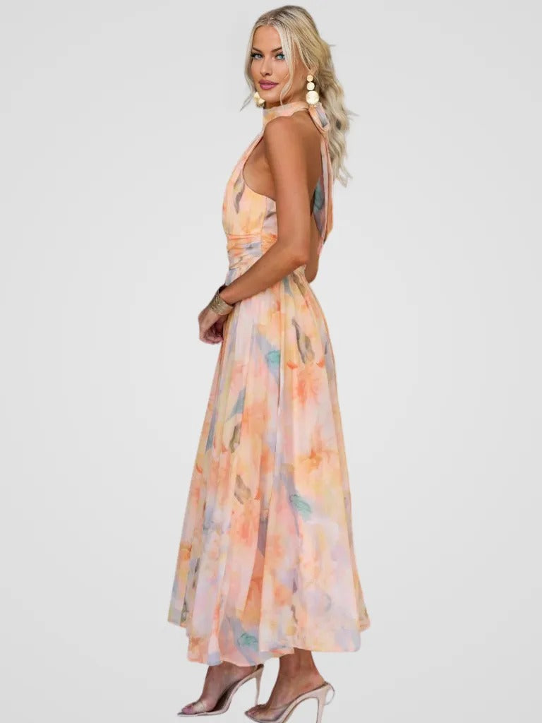 Robe Midi À Col Halter Avec Motif Imprimé Pour Femme | Idéale Pour Les Occasions Et Sorties