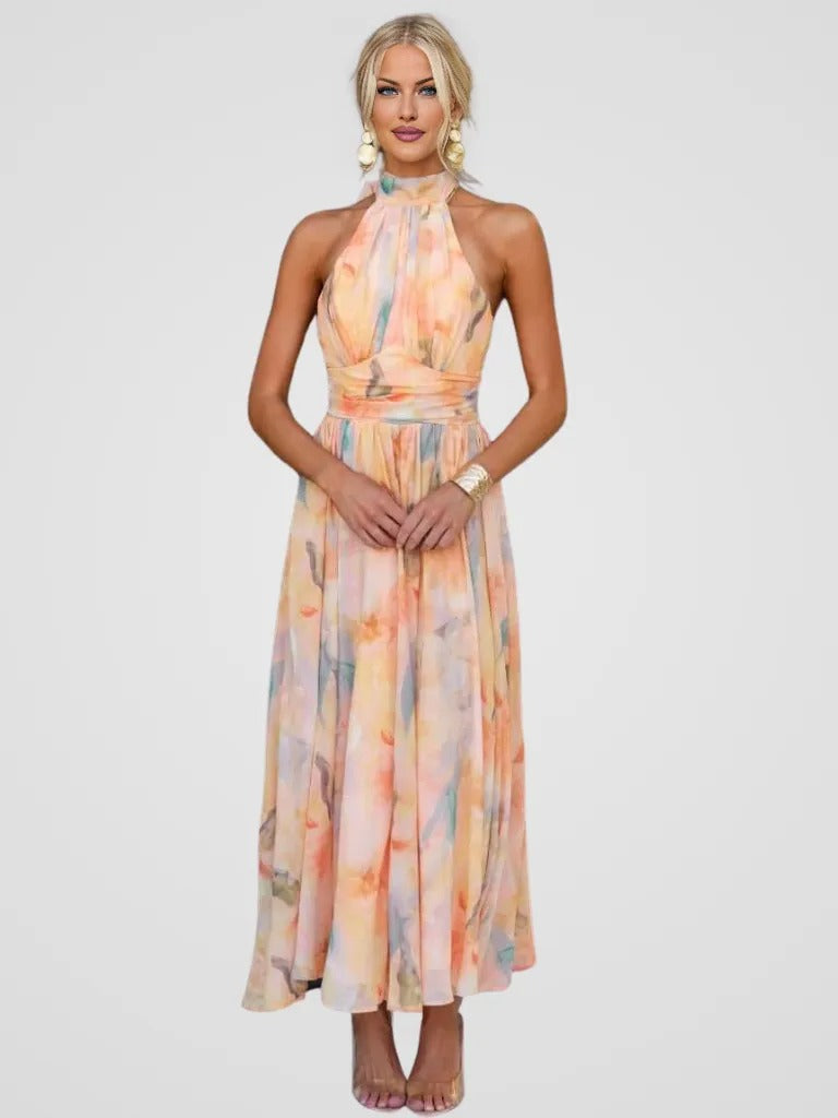 Robe Midi À Col Halter Avec Motif Imprimé Pour Femme | Idéale Pour Les Occasions Et Sorties